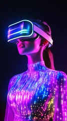 Captivating young woman wearing a virtual reality headset, illuminated by vibrant lights and patterns while showcasing modern technology and futuristic fashion in a mesmerizing environment.