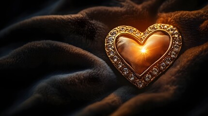 A heart-shaped piece of jewelry placed on a velvet fabric with a soft light creating a warm glow