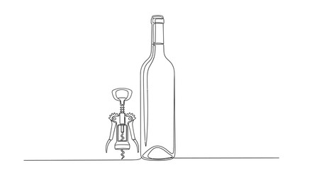 Minimalist Line Drawing of Wine Bottle and Corkscrew