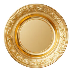 Elegant golden circular plate with intricate ornate design and glossy finish for luxurious table settings