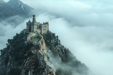 Naklejka premium Fairytale castle on misty mountain peak surrounded by dramatic fog and steep cliffs