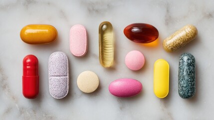 Colorful vitamins and dietary supplements are neatly arranged on a sleek marble surface, displaying a variety of shapes and colors in a well-organized manner