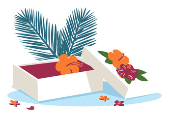 Summer-Themed Cartoon Vector Illustration of a Floral Gift Box with Palm Leaves