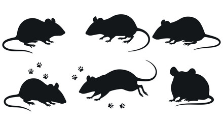 Silhouette mice collection with paw prints on white background vector illustration