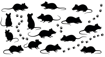 Naklejka premium Silhouette of mice with paw prints on white background vector illustration