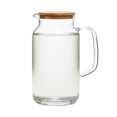 Elegant glass pitcher with wooden lid, filled with clear pure water, ideal for refreshing beverages and home decoration settings