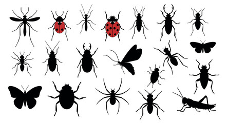 Silhouette collection of various insects and bugs including butterflies, ants, and ladybugs vector illustration