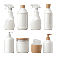 Collection of White Cleaning Products in Various Shapes and Designs for Household Use and Organization in Modern Settings