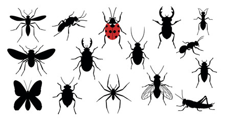 Silhouette collection of diverse insects with distinct shapes on white background vector illustration