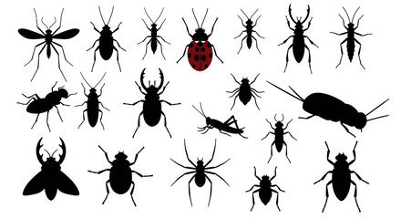 Silhouettes of various insects including a distinct ladybug with red and black spots vector illustration