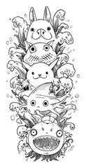 Hand-Drawn Doodle of Playful Creatures Surrounded by Whimsical Waves