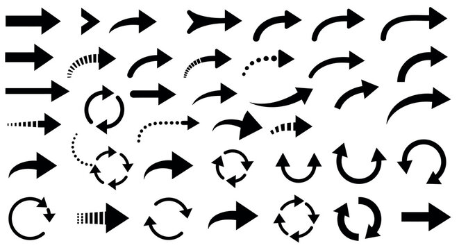 Collection of various black arrows and curved arrow designs on white background vector illustration