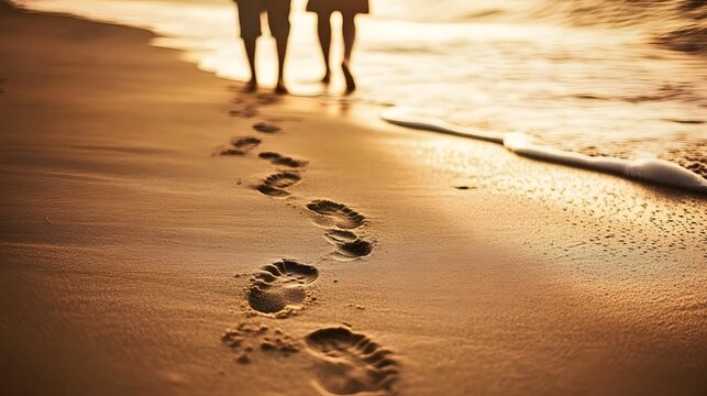 A couple walking hand-in-hand along a beach with footprints left in the sand