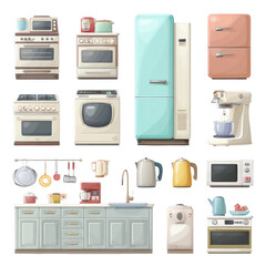 Modern Kitchen Appliances Collection Including Stoves, Refrigerators, Microwaves, Coffee Makers, Washers, and Various Kitchen Utensils for Interiors