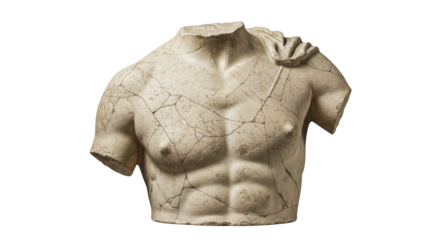 Cracked ancient statue torso isolated on white background