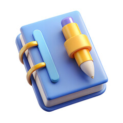 Notebook with Pencil 3d icon in cartoon plastic style minimal isolated on transparent white background