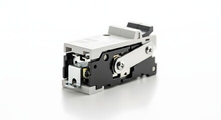 Close up of a mechanical switch with metal and plastic components on white background