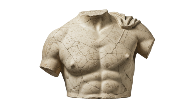 Cracked ancient statue torso isolated on white background