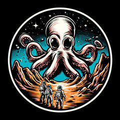 Retro Style Vector Illustration of an Octopus and Astronauts on Alien Landscape