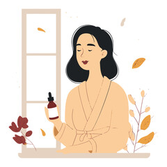Serene Woman Holding Cosmetic Bottle in Cozy Home Setting Illustration