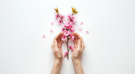 Hand holding a bunch of cherry blossoms, bouquet of pink roses