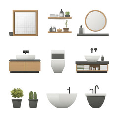 Modern Bathroom Elements with Sink, Mirror, Shelves, Plants, and Bathtub for Contemporary Interior Design Inspiration