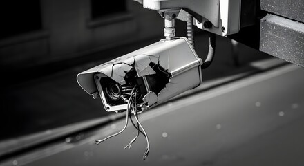 Broken security camera with exposed wires hanging down in a monochrome setting outside