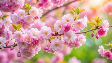 Delicate pink sakura flowers bloom on a branch amidst lush greenery, set against a soft-focus background of blooming cherry blossoms in a serene spring garden, cherry blossom, flower