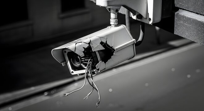 Fototapeta Broken security camera with exposed wires hanging down in a monochrome setting outside