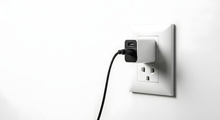 A white usb charger plugged into a wall outlet on a plain white textured wall view