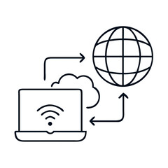 Internet setup guide showing laptop connecting to global network via cloud.  Simple internet setup diagram illustrates wireless connection and data exchange.