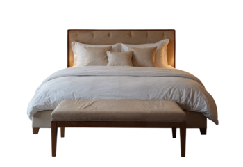 Cozy bed with white bedding and bench isolated PNG