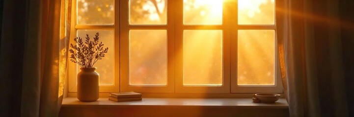 Golden hour sunlight streams through a window, illuminating dust motes dancing in the warm, lazy rays of a Sunday morning Perfect for relaxation and peaceful vibes , stillness, cozy, natural light