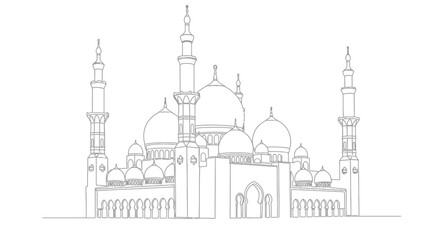 Fototapeta premium Single-Line Drawing of a Grand Mosque with Domes and Minarets