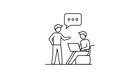 Two People Discussing Ideas with Speech Bubble and Laptop