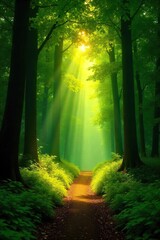 Golden sunlight streams through lush green canopy in a vibrant summer forest, illuminating a path winding through towering trees Perfect for travel, nature, and environmental themes , roots, trail