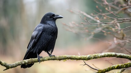 Obraz premium Crow Perched Silently on Dark Limb