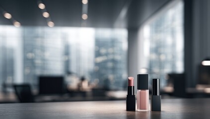 Three makeup products, lipstick and liquid lipstick, on a wooden surface in a modern office setting