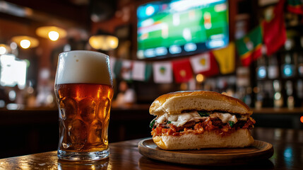 Bifana sandwich and beer in bar with football match on screen