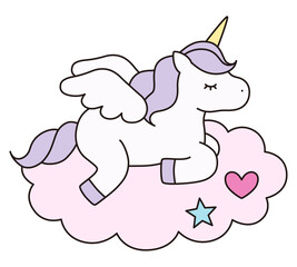 かわいいユニコーンのベクターイラスト。馬、動物、ドリーミー、羽、ペガサス、線