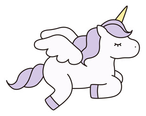かわいいユニコーンのベクターイラスト。馬、動物、ドリーミー、羽、ペガサス、線