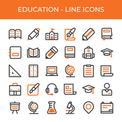 Set of education icons, containing book, pencil, bag, school, blackboard, ruler and more. Dual color line icons