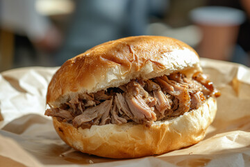 Classic bifana sandwich with pulled pork on paper wrap