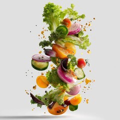 Flying Fresh Salad Ingredients Isolated on White