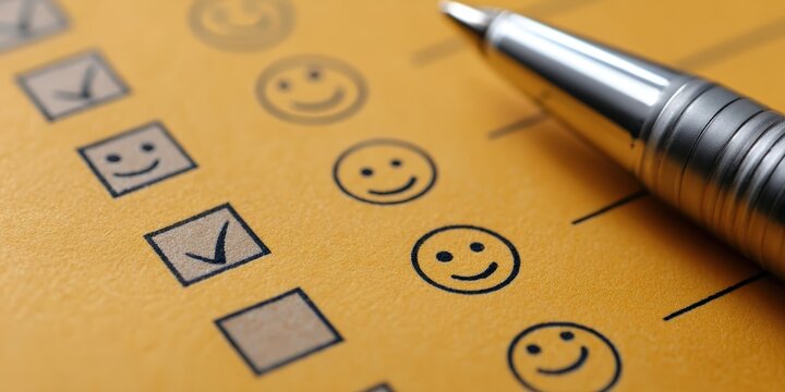 A close-up of a satisfaction survey form with smiley faces and checkboxes, next to a silver pen on a yellow background.