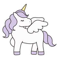 かわいいユニコーンのベクターイラスト。馬、動物、ドリーミー、羽、ペガサス、線