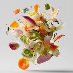 Flying Fresh Salad Ingredients Isolated on White