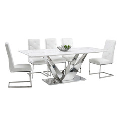 Modern dining table set with sleek white chairs, reflecting contemporary design aesthetics in minimalist and elegant home interiors, suitable for various settings.