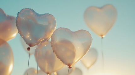 A close-up of heart-shaped balloons gently swaying in the wind against a clear sky