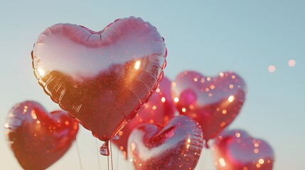 A close-up of heart-shaped balloons gently swaying in the wind against a clear sky